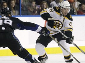 Boston Bruins left wing Mark Recchi (28) carries the puck against Tampa Bay Lightning defenseman Mike Lundin (39) during the third period of an NHL hockey game Tuesday, Dec. 28, 2010, in Tampa, Fla. Boston won 4-3. (AP Photo/Chris O'Meara)