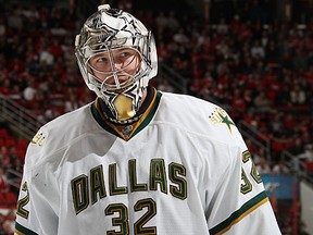 RALEIGH, NC - NOVEMBER 06: Kari Lehtonen #32 of the Dallas Stars skates back to the crease during a NHL game against the Carolina Hurricanes on November 6, 2011 at RBC Center in Raleigh, North Carolina.  (Photo by Gregg Forwerck/NHLI via Getty Images)