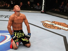 Donald "Cowboy" Cerrone looks to the heavens after defeating Dennis Siver at UFC 137. After going 4-0 so far in 2011, the Greg Jackson trainee is one of the nominees for Breakthrough Fighter of the Year. (photo courtesy of Zuffa LLC)