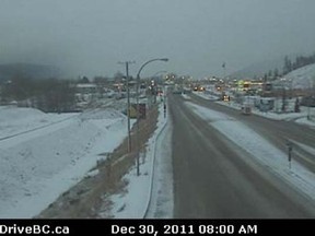 Traffic on Highway 1 was stopped by a car vs. semi-trailer crash near Golden on Friday morning, Dec. 30. (drivebc.ca)