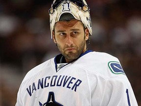 ANAHEIM, CA - SEPTEMBER 17:  Roberto Luongo #1 of the Vancouver Canucks plays during a preseason game against the Anaheim Ducks at the Honda Center on September 17, 2009 in Anaheim, California.  (Photo by Jeff Gross/Getty Images)