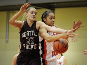 SPU's Katie Benson (left) battle with SFU's Nayo Raincock-Ekunwe during GNAC opener for both teams on Thursday at SFU, (Mark van Manen, PNG)