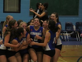 Seaquam's Seahawks celebrate a BC title on Saturday at Parksville. (Jon Amoore, Seaquam athletics)