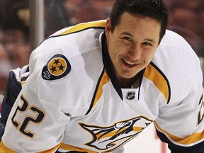 ANAHEIM —  Jordin Tootoo gets ready to play the Ducks on Nov. 9. The Nashville winger will now sit out two games for running Buffalo goaltender Ryan Miller. (Photo by Debora Robinson/NHLI via Getty Images).