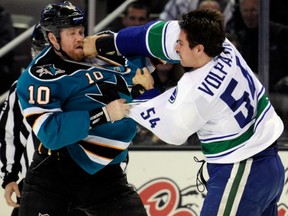 Aaron Volpatti takes on 6-foot-5, 230-pound Brad Winchester of the Sharks eight days ago.