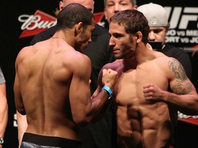 RIO DE JANEIRO, BRAZIL - JANUARY 13:  (L-R) UFC Featherweight Champion Jose Aldo and challenger Chad Mendes face off after weighing in during the UFC 142 Weigh In at HSBC Arena on January 13, 2012 in Rio de Janeiro, Brazil.  (Photo by Josh Hedges/Zuffa LLC/Zuffa LLC via Getty Images)