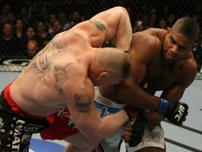 Alstair Overeem, shown here mauling Brock Lesnar in the UFC 141 main event at the MGM Grand Garden Arena on December 30, 2011 in Las Vegas, Nevada, passed his post-fight drug test, as did everyone else. (photo courtesy of Zuffa LLC)