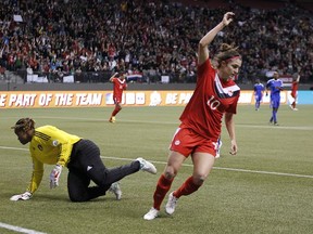 Canada's Christina Julien scores against Haiti in Olympic qualifying. (Jeff Vinnick/Getty Images)