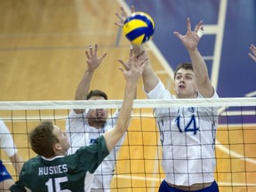 UBC Thunderbirds' middle blocker Cary Brett is following in the footsteps of his father Rob, a member of the 'Birds 1983 CIS national championship team. (Richard Lam, UBC athletics)