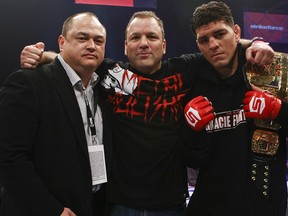 Nick Diaz's trainer and manager Cesar Gracie (center) offered his thoughts on BJ Penn's Twitter comments yesterday earlier today.