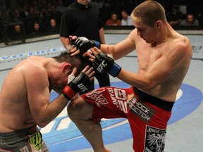 Duane "Bang" Ludwig (right) holds the UFC record for fastest knockout, a four-second finish of Jonathan Goulet back in 2006. (Photo by Josh Hedges/Zuffa LLC/Zuffa LLC via Getty Images)