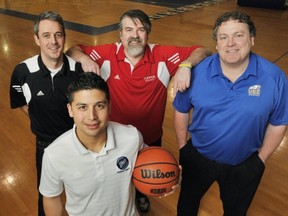 Tupper head coach Jeff Gourley (centre, rear) has enlisted the help of (left to right) Langara College's Jake McCallum, Capilano University's Jordan Yu and UBC's Kevin Hanson to bring his East Side Story series to fruition. (PNG photo)