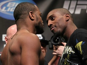 CHICAGO, IL - JANUARY 27: (L-R) Light Heavyweight opponents Rashad Evans and Phil Davis face off after weighing in during the UFC on FOX official weigh in at the Chicago Theatre on January 27, 2012 in Chicago, Illinois. (Photo by Josh Hedges/Zuffa LLC/Zuffa LLC via Getty Images)