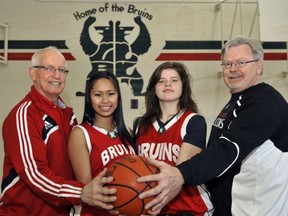 Britannia girls head coach Mike Evans (left) and Langara College head coach Mike Evans (right) with Bruins' stars Jen Carpio and JoJo Crossley. (PNG photo)