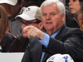 PITTSBURGH — Ken Hitchcock directs the St. Louis Blues in a Nov. 23 game against the Penguins. He's 19-5-5 since taking over for David Payne.  (Photo by Jamie Sabau/Getty Images).