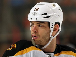 PHILADELPHIA — Nathan Horton gets ready to face the Flyers on Dec. 17. The Boston Bruins winger faces the Vancouver Canucks on Saturday, the first time since being concussed in Game 3 of the Stanley Cup final by an Aaron Rome hit. (Getty Images/via National Hockey League).
