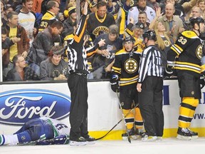 Brad Marchand gets ejected from the game after the hit against Sami Salo at the TD Garden on Saturday. (Brian Babineau/NHL via Getty Images)