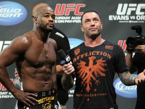 Rashad Evans, seen here with Joe Rogan at the UFC 133 weigh ins, faces undefeated challenger Phil Davis the main event of Saturday night's UFC on FOX event in Chicago. (Photo by Josh Hedges/Zuffa LLC/Zuffa LLC via Getty Images)