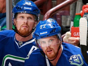 VANCOUVER — Henrik and Daniel Sedin take a breather Jan. 2 against the San Jose Sharks at Rogers Arena. They were honoured Monday as winners of the Jack Diamond Award as local sports personalities of the year. (Photo by Jeff Vinnick/NHLI via Getty Images).