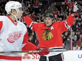 Little did Patrick Sharp know while celebrating this goal on Jan. 8 that he'd suffered a slight fracture of his wrist on the shot that gave him 20 goals on the season.