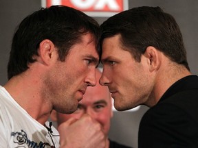 CHICAGO, IL - JANUARY 26: (L-R) Middleweight opponents Chael Sonnen and Michael Bisping face off during the UFC on FOX press conference at the W Hotel on January 26, 2012 in Chicago, Illinois. (Photo by Josh Hedges/Zuffa LLC/Zuffa LLC via Getty Images)
