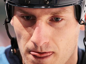 Byron Bitz, formerly of the Florida Panthers on the ice prior to the start of the game against the Buffalo Sabres at the BankAtlantic Center on March 20, 2010 in Sunrise, Florida. (Photo by Eliot J. Schechter/NHLI via Getty Images)