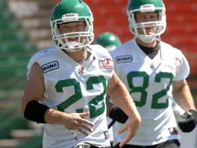 New B.C. Lions running back Stu Foord, shown during a 2010 practice as a Roughrider. Yes, that's former Lion Jason Clermont behind him. Regina Leader-Post file photo.