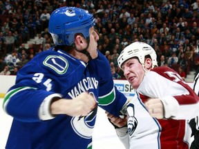 Byron Bitz likes to go. Here he goes against Colorado's Cody McLeod. Getty Images photo.