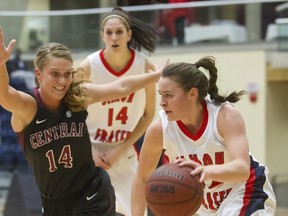 SFU's Carla Wyman drives past Central Washington's Daisy Burke on Thursday in a GNAC contest played at the West Gym. (Ron Hole, SFU athletics)