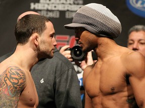 SAITAMA, JAPAN (L to R): Champion Frankie Edgar and challenger Benson Henderson face-off at the UFC 144 weigh-ins. (photo courtesy of Dana White's Twitter)