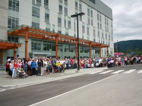 Some Vernon residents protested outside Vernon Jubilee Hospital to call on the provincial government to fund two floors of acute-care beds at the hospital's Polson Tower. The tower had two empty floors set aside for future beds when it opened in Spetember despite persistent overcrowding at the hospital. (SUBMITTED PHOTO)