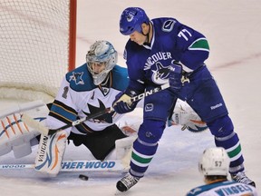 Hours after Owen Nolan played this final preseason game against the San Jose Sharks, the Canucks released the 39-year-old roster hopeful. Tuesday afternoon, he's expected to retire a San Jose Shark. Getty Images.