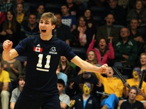 TWU's Rudy Verhoeff expresses the emotions that come with a his No. 1-ranked team's 3-2 win over No. 2 Manitoba in Saturday's Canada West championship final at the LEC. (Scott Stewart, TWU athletics)