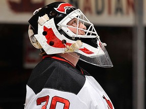 TORONTO, CANADA - FEBRUARY 21:  Martin Brodeur #30 of the New Jersey Devils looks on during a break in NHL game action against the Toronto Maple Leafs February 21, 2012 at the Air Canada Centre in Toronto, Canada. (Photo by Graig Abel/NHLI via Getty Images)