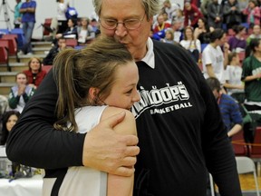South Kamloops star Abby Grinberg is congratulated by coach Ken Olynyk after leading her team to the BC title on Saturday in North Vancouver. Thieves stole her gold medal during an overnight robbery. (Les Bazso, PNG)