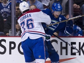 P.K. Subban tatooed Henrik Sedin into the boards a couple of times on Saturday night at Rogers Arena.