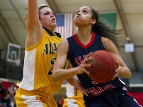 Simon Fraser's Nayo Raincock-Ekunwe (right) explodes to the hoop Friday against Alaska-Anchorage's Kaylie Robison. (Steve Herppich Photograpy)