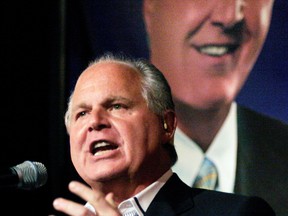 Radio talk-show host and conservative commentator Rush Limbaugh speaks at  "An Evenining With Rush Limbaugh" event in May 2007. Limbaugh has been apologizing since advertisers pulled out of his show after he called a young law student a "slut" and a "prostitute" after she testified before Congress about birth control. (GETTY IMAGES FILES)