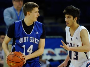Point Grey's Andrew Mavety, guarded by Yale's Raj Lally, led his team into Wednesday's round of Sweet 16. (Ric Ernst, PNG)