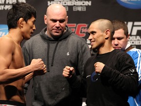 Takeya Mizugaki (left) dropped a questionable decision to Chris Cariaso (right) at UFC 144. It's the lone truly controversial decision in the UFC this year.