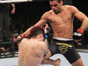 Top UFC bantamweight contender, shown here in his UFC 143 win over Scott Jorgensen, is booked to face relative newcomer — and non-contender — Jeff Hougland later this summer.