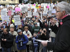 B.C. Teachers' Federation president Susan Lambert addresses more than 1,000 teachers and their supporters gathered in front of the Vancouver Art Gallery on March 7. (Jason Payne/PNG FILES)