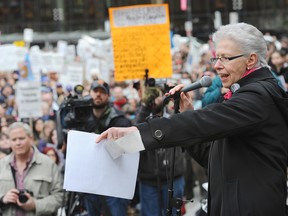 B.C. Teachers' Federation president Susan Lambert addresses more than 1,000 teachers and supporters gathered on the lawn of the Vancouver Art Gallery on March 7. (Jason Payne/ PNG FILES)