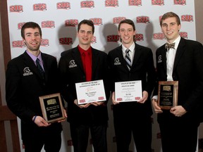 TWU's Fearsome Foursome (left to right) Jarrod Offereins, coach Ben Josephson, Ben Ball and Rudy Verhoeff cleaned up at the CIS awards breakfast on Thursday. (CIS photo)