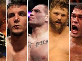 The main card at UFC 146 is an all-heavyweight affair including (L to R) champion Junior dos Santos battling Alistair Overeem, Frank Mir taking on Cain Velasquez, and Roy Nelson facing Antonio Silva.