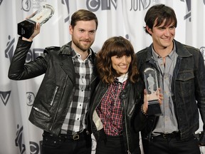 Dragonette celebrate their win at the 2012 Juno Awards.