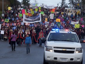Protesters against the proposed Enbridge Northern Gateway Pipeline from Alberta to Kitimat march in Prince Rupert on Feb. 4  (Submitted Photo/PACIFIC WILD)