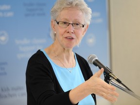 Susan Lambert of the B.C. Teachers’ Federation announces that teachers will be told not to help out with non-classroom school activities. (Nick Procaylo/PNG FILES)