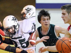 Mission running back Jesse Forcier (left) and point guard Luc Comeau were both driving forces in making the Roadrunners just the second school to ever win both football and boys basketball provincial titles in the same season. (PNG photo collage)