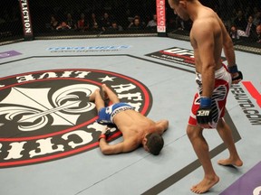 Paulo Thiago (left) lays knocked out on the canvas following the 42-second thrashing he endured at the hands of Siyar Bahadurzada (right) at UFC on FUEL TV 2 in Stockholm, Sweden. (photo courtesy of UFC Facebook)